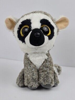 Ty Beanie Boo Linus Lemur Plush Stuffed Animal Big Glitter Eyes Gray White Toy